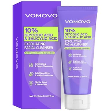 Vomovo Glycolic Acid Face Wash (5.1 Fl Oz), Exfoliating Face Wash and Scrub, Facial Cleanser with 10% Glycolic Acid, AHA & Salicylic, Facial Washes for Smoother Skin, Suitable for All Skin Types