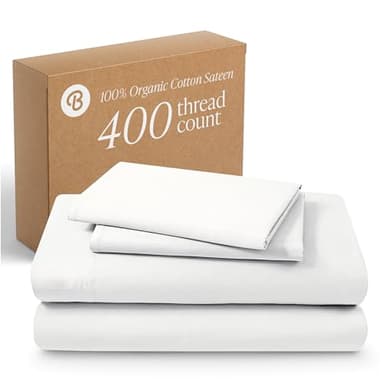 Bare Home 100% Organic Cotton Queen Sheet Set - 400 Thread Count - Smooth Sateen Weave - Breathable & Cooling - Hotel Luxury Set - Deep Pocket Bed Sheets (Queen, White)