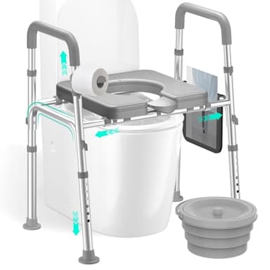HOMEAL Seat Riser for Seniors with Bucket, Adjustable Raised Toilet Seat with Handles, Supports 450LBS, Heavy-Duty 3in1 Bedside Commode Chair for Any Toilet, Shower & Bedside (Grey, with Bucket)