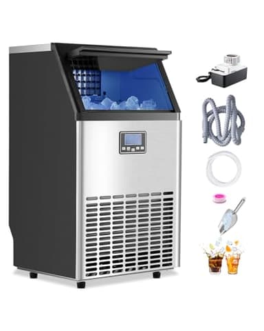 VEVOR 100lbs/24H Commercial Ice Maker Machine with Drain Pump, 33lbs Storage Capacity Ice Maker, 45 Ice Cubes in 15 Minutes, LED Digital Display Freestanding Self-Cleaning for Bar Office Restaurant