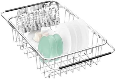 Fanbsy Large Dish Drainer Rack in Sink Adjustable, Expandable 304 Stainless Steel Metal Dish Drying Rack Organizer with Stainless Steel Utensil Holder Over Inside Sink Counter, Rustproof