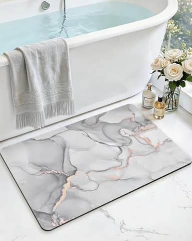 DEXI Bathroom Mat Ultra Thin, Non Slip Bath Rug for Shower Floor, Absorbent Quick Dry Marble Bathmats Low Profile, 16x24, Light Grey
