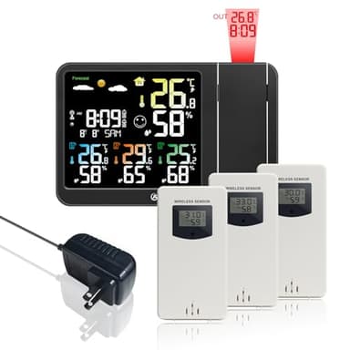 KETOTEK Digital Projection Alarm Clock for Bedroom Ceiling Wall VA LCD Display Radio Controlled Weather Station Indoor Outdoor Temperature Humidity Monitor with 3 Remote Sensors