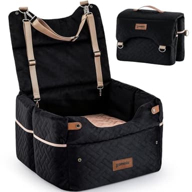 ZOMISIA Elevated Dog Car Seat for Medium Dogs, 3 Adjustable Heights with 2 Egg Crate Foam Boosters 4"+2", Dual-Sided Cooling&Plush Waterproof Cover, 2 Safety Leashes & Buckles, Black