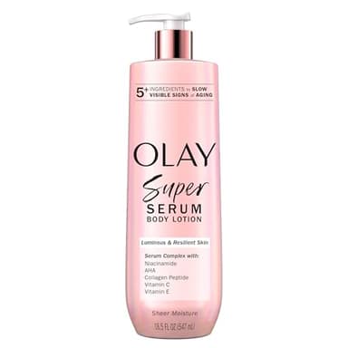Olay Super Serum Hand & Body Lotion for Dry Skin, 24hr Long Lasting Hydration, 5+ Ingredient Serum Complex for Bright Even Firm Luminous Skin, Sweet Vanilla & Soft Wood Scent, 18.5 fl oz