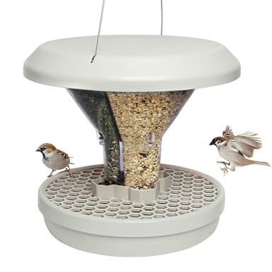 SWISSINNO Bird Feeders - No Mess Hanging Bird Feeder for Outdoors - Smart Birds Davos Spill Proof Wild Cardinal & Small Bird Feeder with Integrated Seed Catcher Tray - Dual Chamber - Light Grey