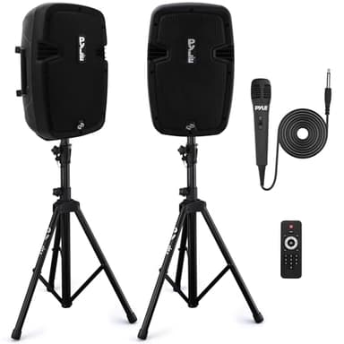 Pyle Portable Bluetooth PA Speaker System Kit - 700W Powered Active & Passive 8" Speakers with Stands, Wired Microphone, Remote Control, and Tripod Mounts - USB/SD/MP3/AUX Inputs - Plug & Play Kit