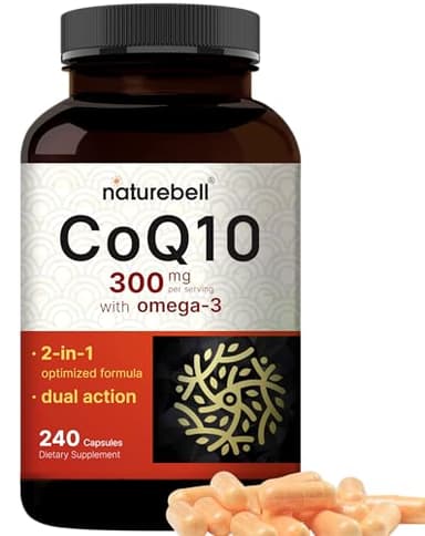 NatureBell CoQ10 300mg with Omega 3, 240 Capsules - 120 Day Supply | Stable High Absorption Form – Antioxidant Support for Heart & Energy Health – Extra Strength Coenzyme Q10 Supplement