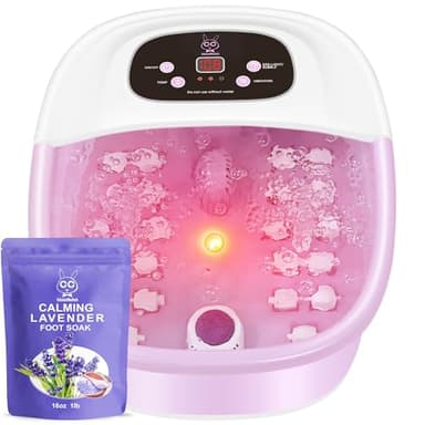 MoodRelish Foot Spa Bath Massager with Heat Bubbles and Vibration Massage and Jets, 16 OZ Calming Lavender Foot Soak Epsom Salt, Foot Soaker with Red Light, 22 Massage Rollers, Adjustable Temp - Pink