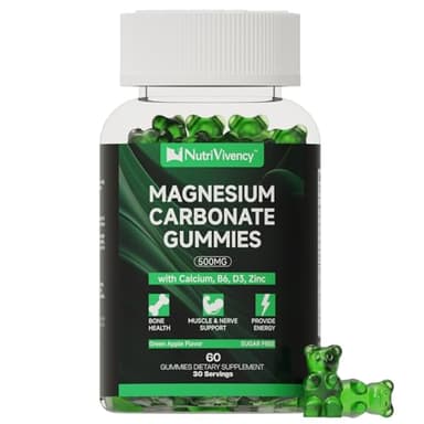 Magnesium Carbonate Gummies 500mg, Magnesium Carbonate Supplement with Calcium, Vitamin B6, D3, Zinc for Bone Health, Muscle & Nerve Support, Sugar Free, Vegan, Green Apple Flavor, 30 Servings