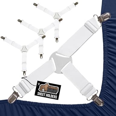GORILLA GRIP Patent Pending Bed Sheet Holders, Adjustable Elastic Fasteners with Metal Clips, Keep in Place Fitted Bedding Straps, Firm Tight Suspenders for Mattress, US Designed, 4 Pack White