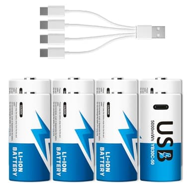 8-Pack Rechargeable Lithium C Batteries with 4 in 1 USB-C Charge Cable, C Cell Li-ion Battries, LR14 1.5V C Size Cell Battery Replacement 5000mWh for Floodlights, Remote Controls, Radios, Toys