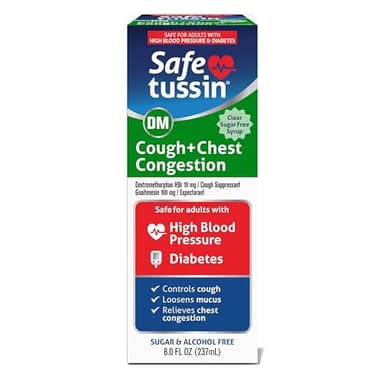 Safetussin DM Cough & Chest Congestion, 8 oz, Expectorant Mucus Relief, Cough Relief Syrup, Safe for Adults with High Blood Pressure & Diabetes