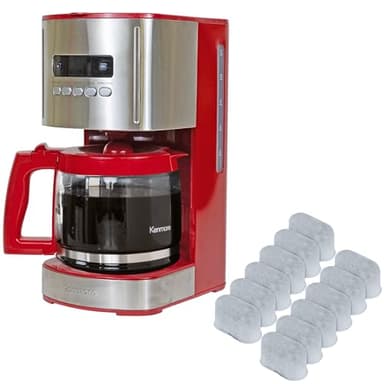 Kenmore Aroma Control 12-cup Programmable Coffee Maker, Red and Stainless Steel Drip Coffee Machine & Kenmore/Keurig/Cuisinart/Braun compatible replacement charcoal water filter 12 Pack pure