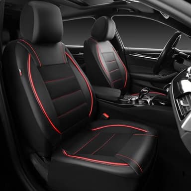 CAR PASS Universal FIT Piping Leather Two Front Seat Covers, Waterproof Faux Leather for SUV Sedan Van Truck, Airbag Compatible,Reserved Opening Holes for Headrest Covers. (Black red)