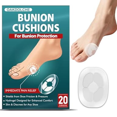 OAKDOLCHE 20Ct Hydrogel Bunion Cushions, Bunion Pain Relief Pads for Protection Against Shoe Pressure and Friction, Self-Adhesive & Water-Resistant, Fits Shoes for Men & Women