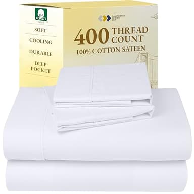 California Design Den Natural 100% Cotton Sheets Queen Size Bed Set - Soft 400 Thread Count Sateen, Queen Sheets, Deep Pockets with All Around Elastic for a Snug Fit, Durable Bedding - White