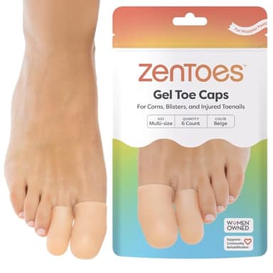 ZenToes Gel Toe Caps – Silicone Toe Protectors for Cushioning & Nail Coverage – Relief from Missing or Ingrown Toenails, Corns, Blisters or Hammer Toes, Reusable Daily Wear, 6 Pack (Variety, Beige)