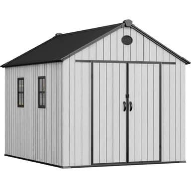 YITAHOME 8x10 FT Outdoor Storage Shed with 2 Vision Windows, Extra Thick Plastic Garden Shed, Waterproof Heavy Duty Resin Shed with Floor, Vents & Lockable Doors for Patio, Bikes Tools Supplies, Gray