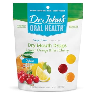 Dr. John's Healthy Sweets Dry Mouth Drops Lemon, Orange, & Tart Cherry with Zero Sugar, Dye Free, Plant Based, Keto Friendly, 24 Count, 3.85oz Bag