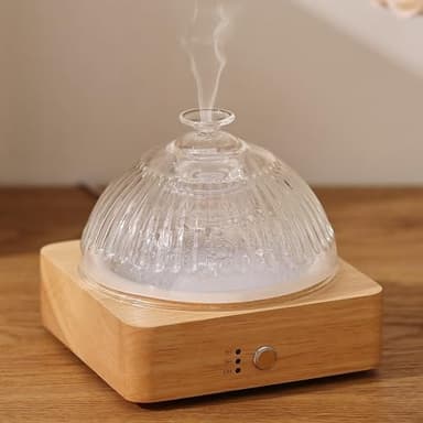 Lecdura Glass Essential Oil Diffuser with Glass Reservoir & WoodBase, 200ml Ultrasonic Lock Color Timer Auto-Off 7 Color Light Aroma Glass Dome Diffuser for Home Office Bedroom Yoga