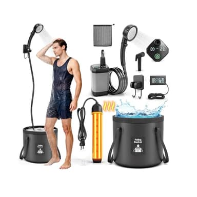 Portable Shower with Heater 1500W Camping Water Heater with Shower Head 3 Spray Modes, 6000mAh Rechargeable Shower Pump with LED Display Foldable Bucket Outdoor Showering for Hiking RV Car Travel Pet