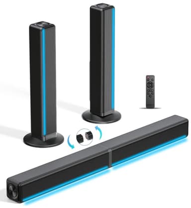 TV Sound Bar, Soundbar with RGB LED Lights & 2.1CH Bluetooth Speaker Surround System, 180W Surround Sound, AUX/Optical/HDMI ARC Home Theater Speaker, 2 in 1 Detachable for Smart TV/Projector/Gaming/PC