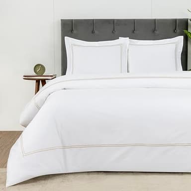 Dreamology White Duvet Cover Luxury Hotel-Quality 100% Cotton Sateen T300 Embroidered Duvet Cover with 2 Pillow Shams Hypoallergenic Button Closure 3 Pieces (Gold,King)