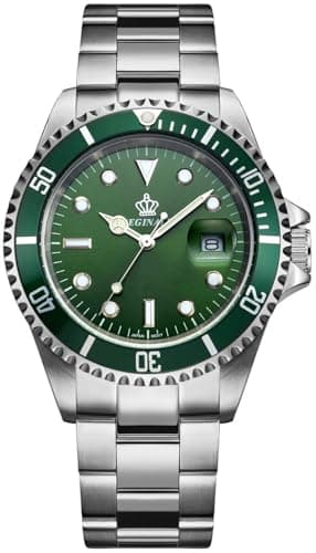 FANMIS Mens Luxury Watches Rotatable Bezel Mineral Glass Luminous Hand Quartz Silver Tone Stainless Steel Watch (Green)