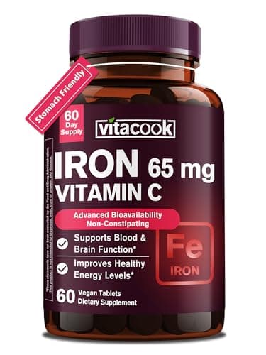 Vitacook Iron Supplement for Women Men, High Potency Iron 65mg with Vitamin C 250mg, Slow Release Stomach Friendly Iron Pills for Red Blood Cell & Immune Support, Non-GMO, Gluten Free, 60 Vegan Tabs