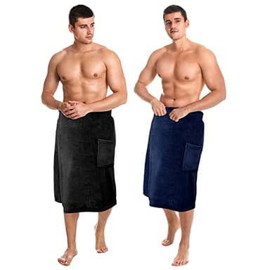 Tudomro 2 Pcs Men's Bath Wrap Towel X-Large Shower Adjustable Terry Body Spa Towel with Pocket After Shower Wrap for Men Gift Spa College Bath Dorm Room Gym(Black, Navy Blue)