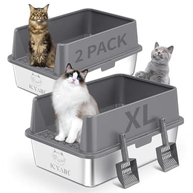 2PACK Stainless Steel Cat Litter Box with High Sides Lid, Extra Large XL Litter Box for Big Cats, Metal Kitty Litter Boxes with Anti-Leakage Enclosure,Non-Stick,Odorless,Scoop Included