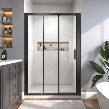 44"-48" W x 70" H Tri-Fold Sliding Shower Door, 1/4" (6mm) Clear SGCC Tempered Glass Shower Door Matte Black, 24 1/4" Walk-in Width, No-Cut Width Adjustment, Reversible Installation, Easy-Clean