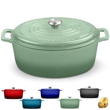 ROSSALLINI Signature Enameled Cast Iron Oval Dutch Oven | Non-Stick Serving Pot with Tight Fitting Lid for Perfect Roasting, Baking, Sauteing, and Bread Making | 5Q [Sage]