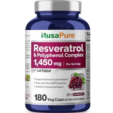 NusaPure Resveratrol & Polyphenol Complex 1450mg 180 Vegetarian Caps (Non-GMO, Vegan) Vitamin C