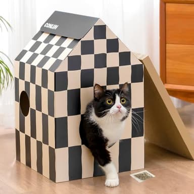 Conlun Cardboard Cat House with Scratch Pad & Catnip, Cat Play Scratching House for Indoor Hideaway Furniture, Heavy Duty Sturdy Cardboard Scratcher, Easy to Assemble Birthday Gift, Medium