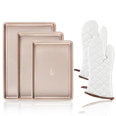 HONGBAKE 3 Pack Gold Nonstick Baking Sheet Pan Set with Oven Mitts Heat Resistant, Non-Toxic Half/Quarter/Jelly Roll Pans with Diamond Texture Pattern, Heavy Duty 0.8mm Thick Cookie Trays for Cooking