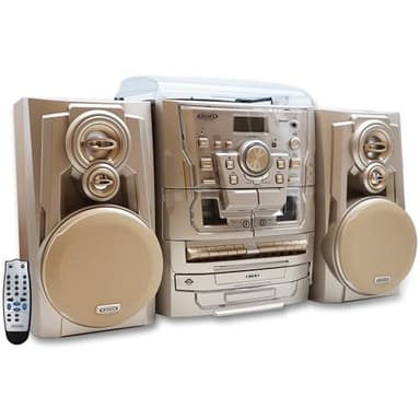 Jensen® Bluetooth® 3-Speed Turntable CD Player Home Stereo System with Turntable 3 CD Changer Music System, Dual Cassette Deck, Stereo Record Player with Remote Control, Gold