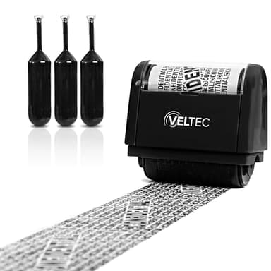 Veltec ID Protector Ink Roller - Identity Theft Protection Roller Stamp Set (Black, Stamp+3 Refills)