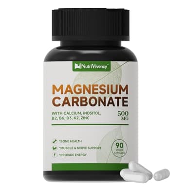 Magnesium Carbonate Capsules 500mg, Magnesium Carbonate Supplement with Calcium, Inositol, Vitamin B2, B6, D3, K2, Zinc for Bone Health, Muscle & Digestive Support, Vegan, Non-GMO, 90 Capsules