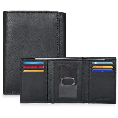 Real Leather Mens Trifold Wallet RFID Blocking Slim Minimalist Front Pocket - Thin & Stylish with ID Window in Gift Box