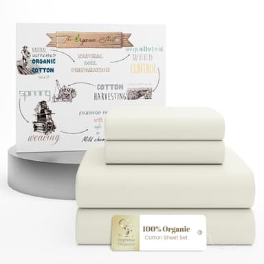 SUPREME ELEGANCE Organic 100% Cotton Queen Sheet Set, 18” Deep Pocket, Light Ivory | Lightweight, Eco-Friendly Cotton, Percale Softness, Durable & Breathable, Naturally Cooling | All Season Comfort