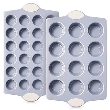BRONYPRO 2-Pack 12 Cup and Mini 24 Cup Non Toxic Nonstick Ceramic Muffin Pan & Cupcake Tin, PFOA & PTFE Free, Heavy Duty Rust-Resistant Aluminized Steel, Oven & Dishwasher Safe, Cream White