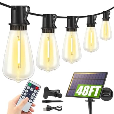 Larkvue 48FT Solar String Lights Outdoor with Remote, Waterproof Dimmable Patio Lights with 15+1 LED ST38 Bulbs 3 Modes Hanging Lighting for Backyard