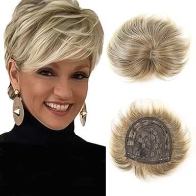 QUEENTAS Hair Topper for Women with Thinning Hair 6.5"*6" Fluffy Hair Pieces Breathable Heat Resistant Synthetic Hair Short Wiglets with 5 Clips 360°3D Cover Up (Blonde Mixed Brown)