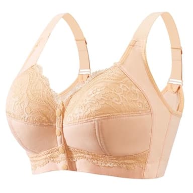 FHTECO Front Closure Bras for Older Women Plus Size Wireless Full Coverage Comfortable Adjustable Wide Strap Sleep Bra for Sagging Breasts (XXL, 2#Beige)