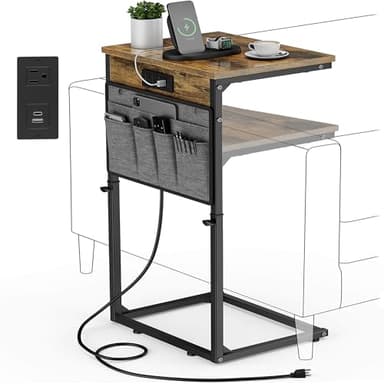 Vagusicc C Shaped End Table with Charging Station, 33" Tall Side Table for Couch, Sofa Table Adjustable Height Side Table C Table, Slide Under Couch Table TV Tray Table for Living Room, Bedroom, Brown