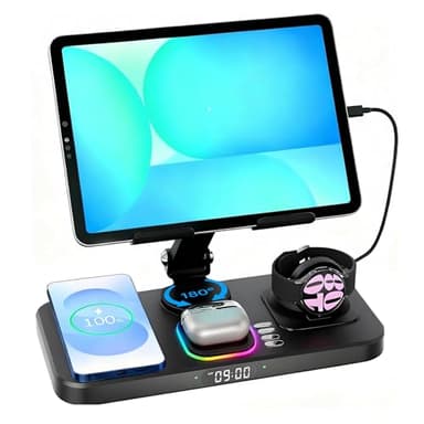 30W Tablet Wireless Charger for Samsung, Foldable Android Charging Station with Clock Display with 7-Color Light, Wireless Watch Charger for S25, Only Compatible Samsung Watch, Galaxy Buds3 Pro(Black