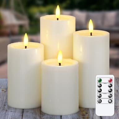 Wroxipel Waterproof Flickering Auto Timer Ivory Plastic Flameless Candles with Candle Grease, 3" x4" 5" 6" 7" Outdoor LED Long Lasting Battery Operated Remote Control Pillar Candles, Pack of 4