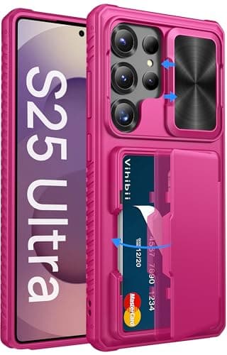 Vihibii for Samsung Galaxy S25 Ultra Wallet Case with Card Holder (4 Cards), [RFID Blocking] & Slide Camera Cover & Raise Screen Edges, Hard Back Phone Cover for Samsung Galaxy S25 Ultra, Hot Pink